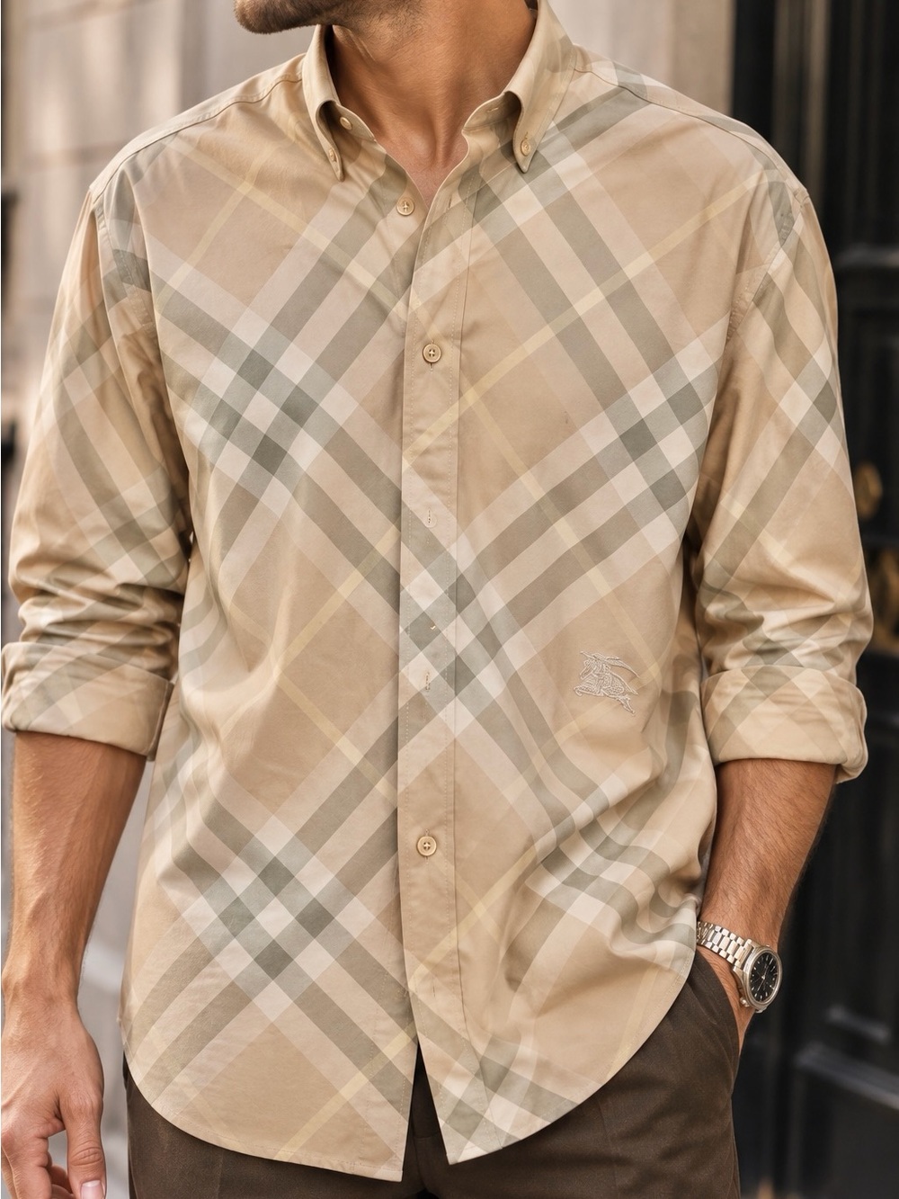 Burberry Men’s Beige Giant Check oversized Cotton Button Down Shirt Size L